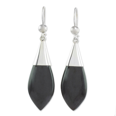Jade dangle earrings, 'Maya Lance of Night' - Modern Sterling Silver Jade Dangle Earrings