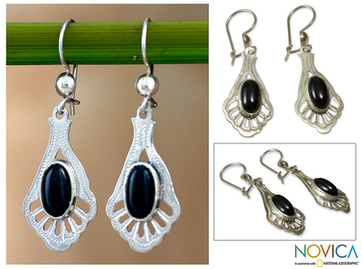Jade dangle earrings, 'Black Peacock' - Unique Jade Dangle Earrings with Sterling Silver
