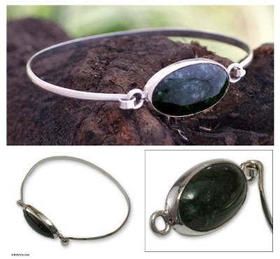 Jade bangle bracelet, 'Green Lagoon' - Handcrafted Sterling Silver Jade Bangle Bracelet