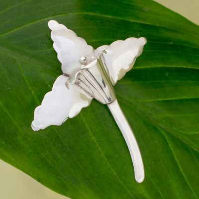 Sterling silver brooch pin, 'White Nun Orchid' - Sterling silver brooch pin