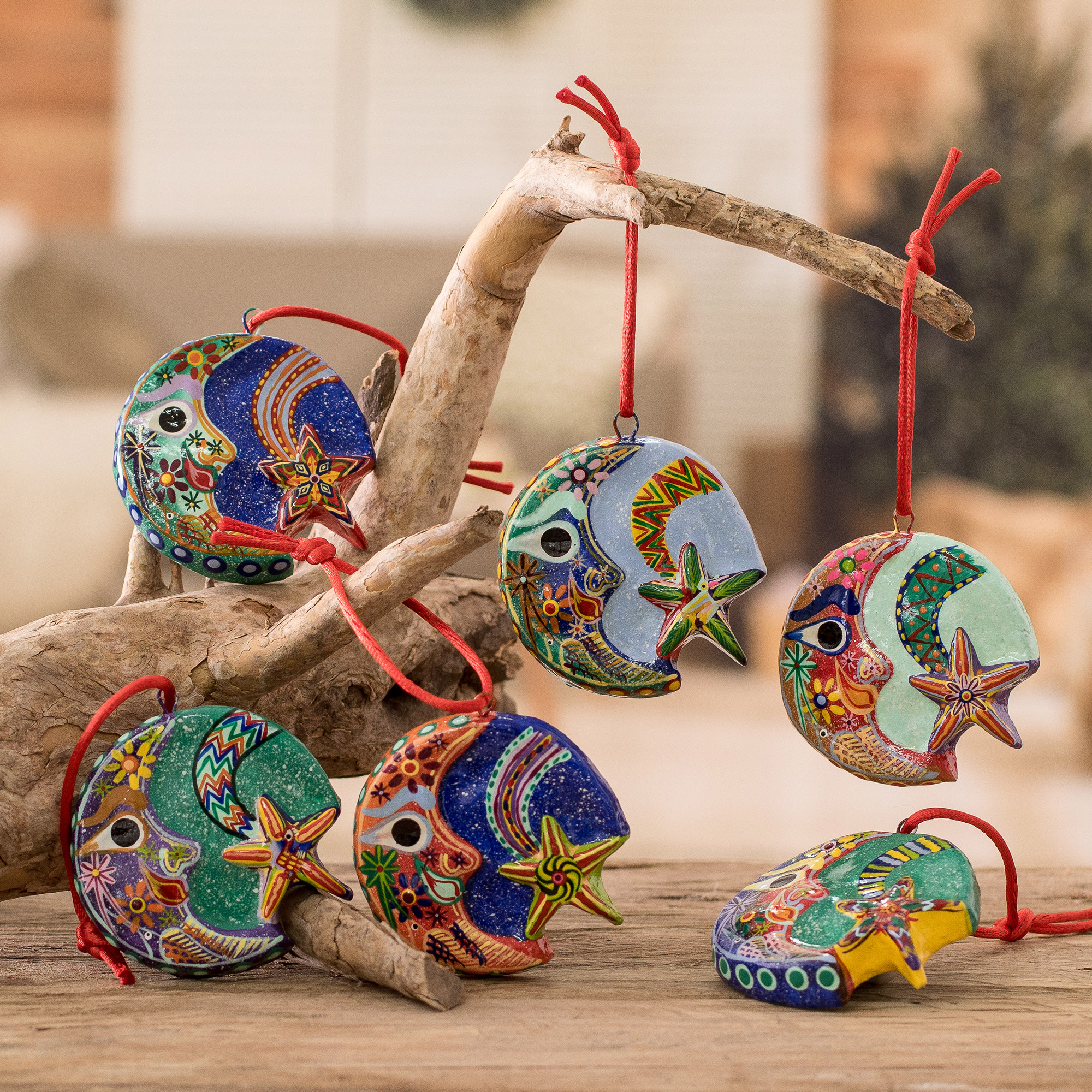 Ceramic ornaments (Set of 6) - Festive Night | NOVICA
