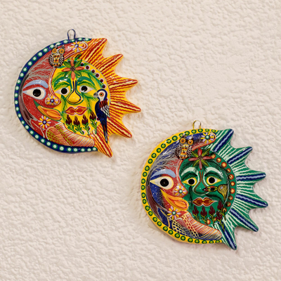 Ceramic wall adornments, 'Romantic Eclipse' (pair) - Sun and Moon Ceramic Wall Art (Pair)