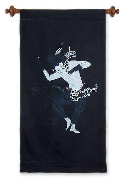 Tapiz de algodón batik, 'Maya Jaguar Dancer' - Tapiz de algodón batik