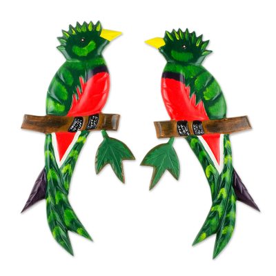 Pinewood wall sculptures, 'Quetzal Birds' (pair) - Hand Carved Wood Wall Sculptures (Pair)