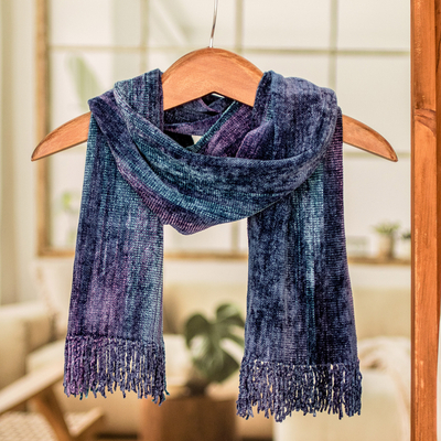 Rayon chenille scarf, 'Sapphire Dreamer' - Bamboo chenille and cotton scarf