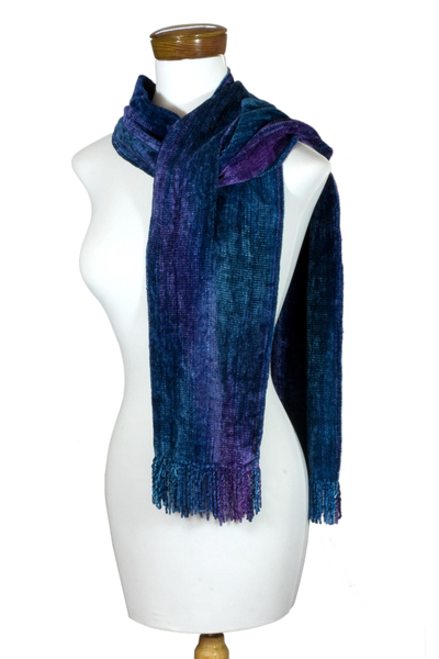 Rayon chenille scarf, 'Sapphire Dreamer' - Rayon Chenille Scarf