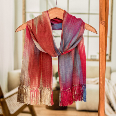 Rayon scarf, 'Solola Fireworks' - Handwoven Bamboo fibre Scarf from Central America