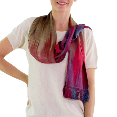 Rayon chenille scarf, 'Solola Fireworks' - Handwoven Rayon Chenille Scarf from Central America