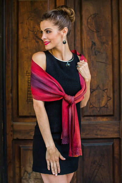 Rayon scarf, 'Solola Sunset' - Handcrafted Red Ombre Bamboo fibre Scarf