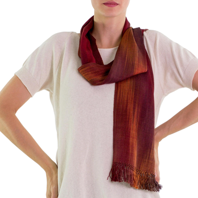 Rayon scarf, 'Solola Sunset' - Handcrafted Red Ombre Rayon Scarf