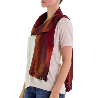 Rayon scarf, 'Solola Sunset' - Handcrafted Red Ombre Rayon Scarf