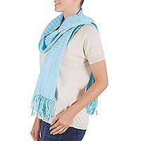 Cotton scarf, 'Morning Sky' - Handmade Blue Woven Cotton Scarf  