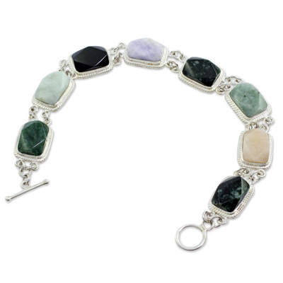 Jade and quartz link bracelet, 'Maya Rainbow' - Collectible Sterling Silver Jade and Quartz Link Bracelet