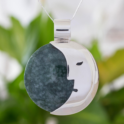 Jade pendant necklace, 'Face of the Moon' - Hand Crafted Sterling Silver Pendant Jade Necklace