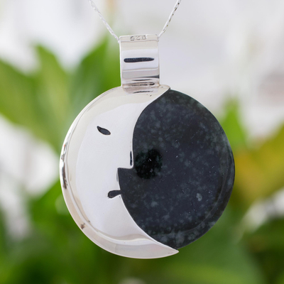 Jade pendant necklace, 'Face of the Moon' - Hand Crafted Sterling Silver Pendant Jade Necklace