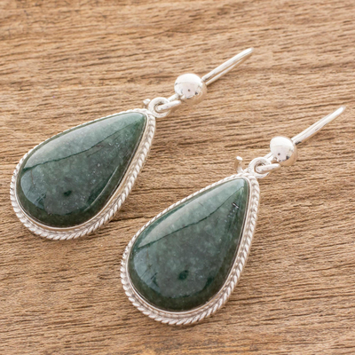 Jade dangle earrings, 'Sacred Quetzal' - Unique Sterling Silver Jade Dangle Earrings