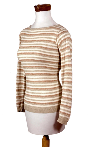 Baumwollpullover - Damenpullover aus Baumwolle mit elfenbeinfarbenen, jadebraunen Streifen