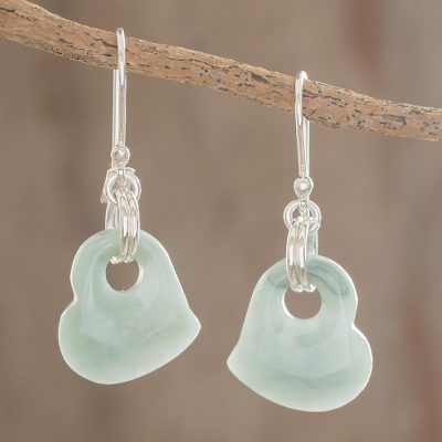 Jade heart earrings, 'Heavenly Love' - Artisan Crafted Heart Shaped Jade Dangle Earrings