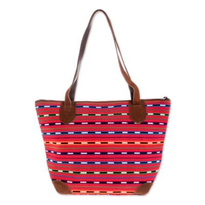 Leather accent cotton shoulder bag, 'Scarlet Maya' - Hand Made Cotton and Leather Tote Bag