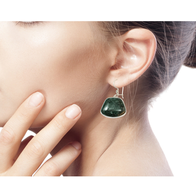 Jade dangle earrings, 'Dark Maya Quetzal' - Hand Made Sterling Silver Dangle Jade Earrings