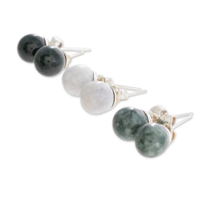Jade stud earrings, 'Maya Moons' (set of 3) - Handmade Sterling Silver Jade Stud Earrings (Set of 3)
