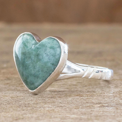 Jade heart ring, 'Love Immemorial' - Unique Heart Shaped Sterling Silver Jade Cocktail Ring