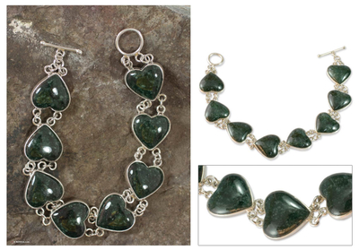 Jade heart bracelet, 'Love Immemorial' - Heart Shaped Jade Sterling Silver Link Bracelet