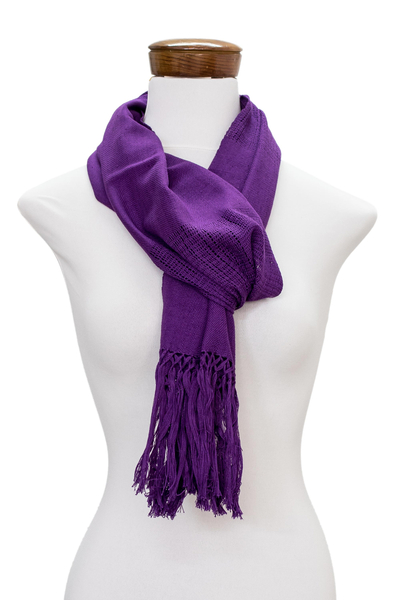 Cotton scarf, 'Maya Orchid' - Hand Made Central American Cotton Scarf with Fringe
