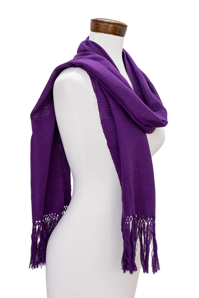 Cotton scarf, 'Maya Orchid' - Hand Made Central American Cotton Scarf with Fringe