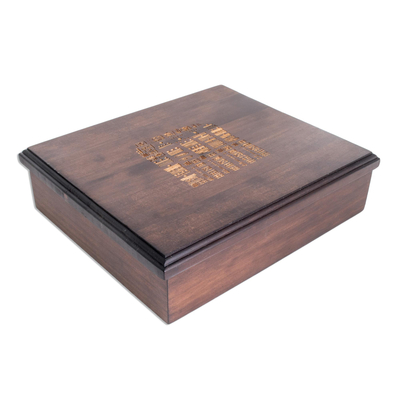 Pinewood tea box, 'Dresden Codex' (large) - Collectible Guatemala Handcrafted Wood Tea Box (Large)
