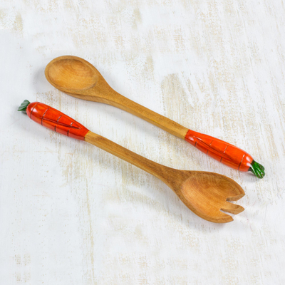 Cypress wood salad serving set, 'Cute Carrots' (pair) - Handcrafted Wood Serving Utensils (Pair)