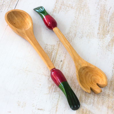 Cypress wood salad serving set, 'Red Radish' (pair) - Wood Spoon and Fork Serving Set (Pair)