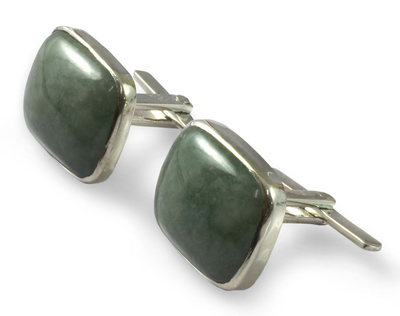 Jade cufflinks, 'Natural Green' - Hand Made Good Luck Sterling Silver Jade Cufflinks