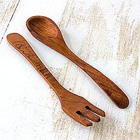Cedar salad spoon and fork, 'Forest Song' (pair)