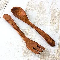 Cedar salad spoon and fork, 'Forest Song' (pair) - Artisan Handmade Salad Serving Spoon and Fork Set