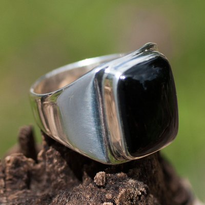 Men's black jade ring, 'Art of Life' - Men's Unique Good Luck Sterling Silver Signet Jade Ring