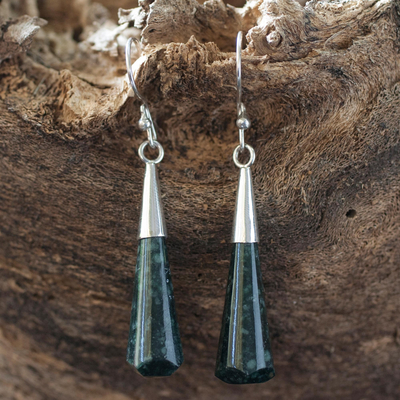 Jade dangle earrings, 'Faceted Green Droplet' - Handcrafted Sterling Silver Dangle Jade Earrings