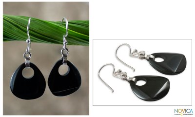 Black jade dangle earrings, 'Maya Night' - Black Jade Dangle Earrings