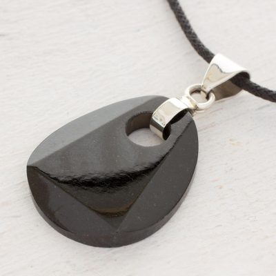 Black jade pendant necklace, 'Maya Night' - Black Jade Pendant on Black Cotton Cord Necklace