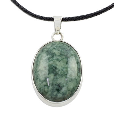 Jade pendant necklace, 'Sacred Maya Treasure' - Guatemalan Jade Pendant on 925 Silver and Cotton Cord
