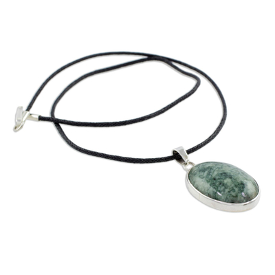 Jade pendant necklace, 'Sacred Maya Treasure' - Guatemalan Jade Pendant on 925 Silver and Cotton Cord