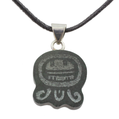 Jade pendant necklace, 'New Maya Generations' - Maya Jade Gyph Pendant on Black Cotton Cord