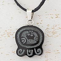 Jade pendant necklace, 'Maya Knowledge of Power' - Handmade Maya Glyph Jade Pendant Cotton Necklace
