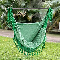 Cotton hammock swing, 'Take Me to the Forest' - Green Hand Crafted Cotton Hammock Swing from Guatemala
