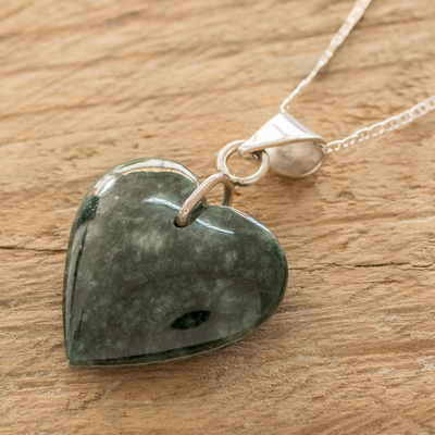 Jade heart necklace, 'Green Maya Heart' - Sterling Silver Heart Shaped Jade Necklace