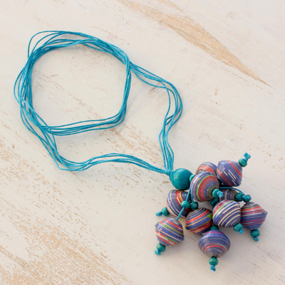 Wood and recycled paper pendant necklace, Playful Blue