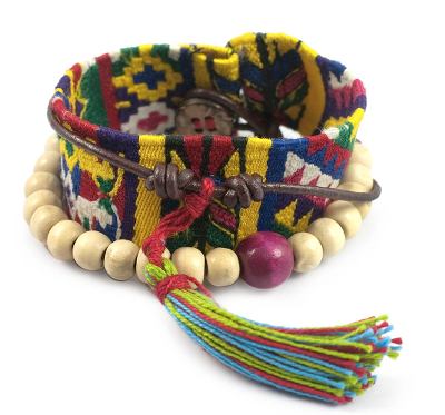 Leather and cotton wrap bracelet, 'Almolonga Heritage' - Handcrafted Central American Wood Cotton Wrap Bracelet