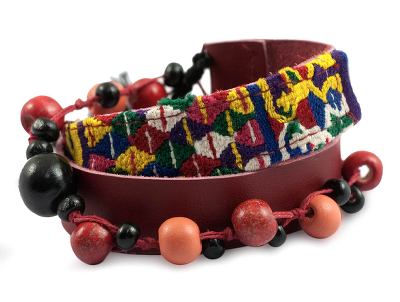 Leather and cotton wrap bracelet, 'Festive Guatemala' - Handmade Cotton and Leather Wrap Bracelet