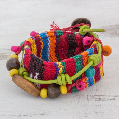 Leather accent cotton wrap bracelet, 'Joy and Prosperity' - Wood Beaded Cotton Wrap Bracelet