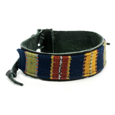 Men's leather and cotton wristband bracelet, 'Land of the Maya' - Men's Cotton and Leather Bracelet